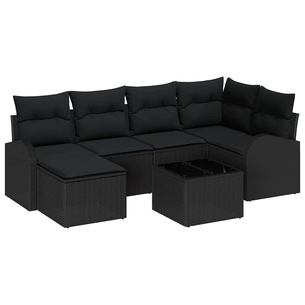 Garten-Sofa-Set mit Kissen 7 pcs Schwarz Poly Rattan